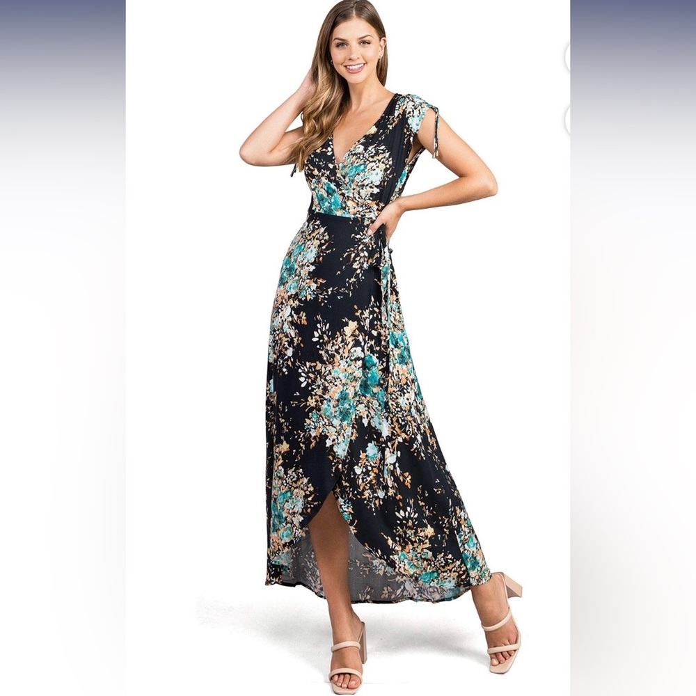Love Stitch Black and Blue Floral High Low Dress